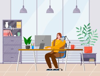 Business woman at the desk is working on the laptop computer vector illustration in flat style. Secretary in office workspace, businesswoman person in glasses sitting at a table typing with keyboard. Business woman at the desk is working on the laptop computer vector illustration in flat style