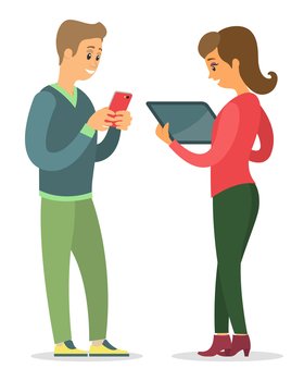 Man and woman talking to each other. Man is holding a mobile phone in his hands and looking at the screen, smiling woman is holding electronic tablet. Communication of people. Staff conversation. Man and woman talking to each other. Communication of people.
