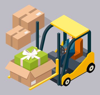 Man driving and controling the forklift illustration, carries a cardboard box with a gift inside. Forklift machine for loading, unloading packages. Yellow industrial truck, storage warehouse equipment. Man driving and controling the forklift illustration, carries a cardboard box with a gift inside