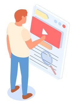 Male character, back view, stands and clicks on video player icon on large conceptual screen. Promo video, magnifying glass, search. Customer buys film. Online searching. Customer journey. Man watches video about goods in online store, engagement in marketing. Customer journey concept