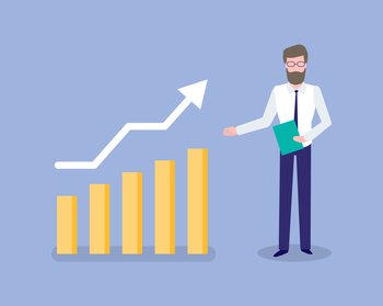 Infocharts and charts vector, man showing information in visual representation, result of analysis, flowchart with rising arrowhead, presenter with data. Chart and Growing Arrow, Man with Information