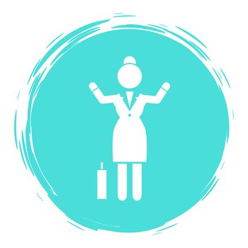 White simplified silhouette of businesswoman holding hands up, briefcase, green round background. Logo template for website. Confident domineering woman in green circle. Flat vector on white. Logo template with white silhouette of businesswoman in mint circle. Flat vector illustration