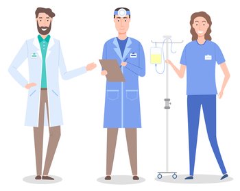 Set cartoon characters of medical staff. Healthcare medicine concept. Bearded doctor wearing white gown. Otolaryngologist or ent with clipboard. Nurse with medical equipment, drop counter or dropper. Set of medical staff otolaryngologist, doctor, nurse with drop counter, healthcare medicine concept