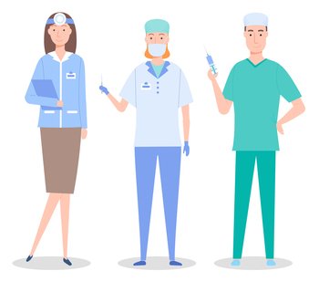 Cartoon characters, medical staff. Healthcare medicine concept. Ent woman with mirror, surgeon and assistant with syringe and scalpel. Medical help. Group of doctors, professional medical specialists. Ent woman with mirror, surgeon and assistant with syringe and scalpel, medical help, staff