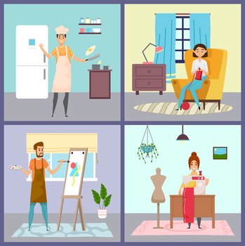 Set of leisure activities at home. Man smiling cooking eggs. Young girl knitting scarf. Artist or young man painting abstract picture at easel. Happy woman seamstress sewing at sewing machine. Set of leisure activities at home, man cooking eggs, woman knitting, artist painting, sewer sewing