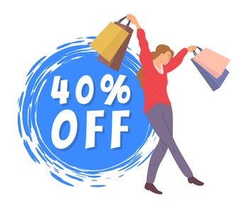 Announcement of a forty percent discount. Smiling woman with shopping bags in her hands. Young beautiful happy girl picks up multi-colored packages and crosses her legs. Sale advertising in the store. Announcement of a forty percent discount. Young fashion girl picks up packages and crosses her legs