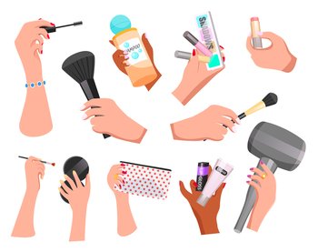 Makeup cosmetic supplies icons vector illustration. Elegant womens hand holding a cosmetic accessories on white background. Cosmetics products concept. Makeup products, face and hair care set. Makeup cosmetic supplies icons vector illustration. Makeup products, face and hair care set