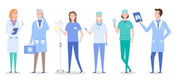 Set of doctors and patient cartoon characters. Medical staff team concept in hospital. Health professional team, doctors and assistants in dressing gowns with stethoscope on white background. Set of cartoon doctors and patient characters. Medical staff, equipment, patient with drop counter