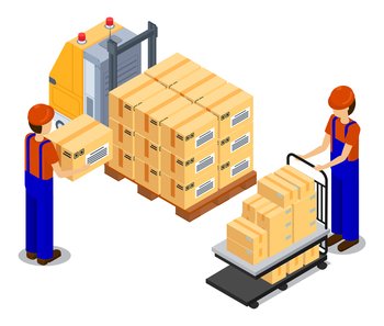 Workers loading boxes at forklift with pallet with card boxes. Postal transportation. Man with cart and boxes, logistic delivery transport. Cartoon illustration of delivery service. Isometric 3d. Workers loading boxes at forklift with pallet with card boxes, postal transportation, delivery
