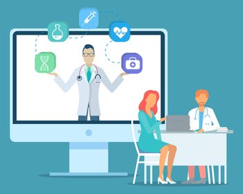 Doctor holding web icons at screen of computer. Medicine icons for website dna, flask, syringe, heart, cardiogram, first aid. Patient woman sitting with doctor, physician, therapist, table with laptop. Patient with doctor sitting at table using laptop, doctor with medical icons at computer screen