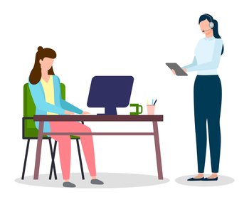 Woman working at computer sitting at table. Manager of tech support or call-centre, portrait of woman with headset and tablet isolated at white background. Women using modern technologies for work. Woman working at computer sitting at table, woman with headset and tablet isolated at white
