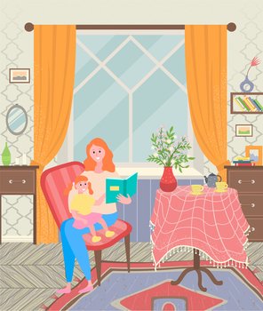 Mother and daughter sitting on chair and reading book in living room. Furniture like table and chest. Kettle, cups and vase with flowers on tablecloth. Vector illustration in flat style. Mother and Daughter Reading Book in Living Room