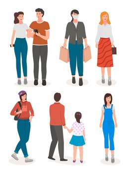 People collection, different men women, couple of young girl and guy with mobile, woman in mask with packages, stylish lady with handbag, girl hipster, father and daughter from back, female in overall. People collection, different men women, couple of young girls and guys, students, businesswoman