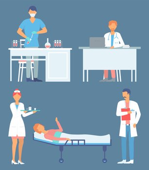 Set of cartoon illustrations. Laboratory assistant with flasks sample. Doctor with stethoscope sitting at table with laptop. Doctor wearing medical gown with patient card, clipboard. Nurse with drugs. Set of illustrations, doctors, patient, nurse and laboratory assistant, medical help concept