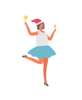 Woman in blue skirt holds glass of white wine, Santa Claus hat on head. Vector female isolated icon with firework sparkler item. Girl celebrating Xmas. Woman in Skirt, Glass of Wine, Santa Claus Hat