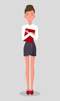 Pretty young slim woman character in business clothes. Smiling business woman with closed eyes standing with a folder in hands. Businesswoman wearing a blouse standing straight at full height. Pretty young slim woman in business clothes. Smiling business woman standing with a folder in hands