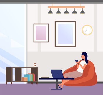 Business woman working on laptop at her workplace. Girl is sitting in a bag chair with smartphone in her hands. Female character sitting in the office. Freelancer works chatting over the Internet. Business woman works on laptop in the office. Girl sits in bag chair with smartphone in her hands