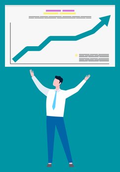 Business graphic and businessman, profit statistics or analysis vector. Office worker, manager or entrepreneur, growth or development arrow, stock exchange. Businessman and Business Graphic, Profit Analysis