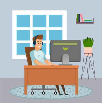 Programmer smiling man sitting at table and using computer. Quarantine distance work. Freelance work at home. Effectively organizing home time. Home office. Young guy working online, freelancer. Programmer man sitting at table and using computer, quarantine distance work, freelance work at home