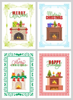 Merry Christmas, Happy Holidays greeting card with colorful frame. Fireplace decorated with gift boxes, fir-tree, Santa socks and festive toys vector. Merry Christmas, Happy Holidays Fireplace Vector
