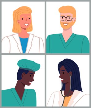 Doctor, veterinarian, physician, therapist collection of avatars or portraits, smiling mix race medical staff, professional medical specialist, black woman with stethoscope, afro guy assistant. Doctor, veterinarian, physician, therapist collection of avatars, portraits, mix race medical staff