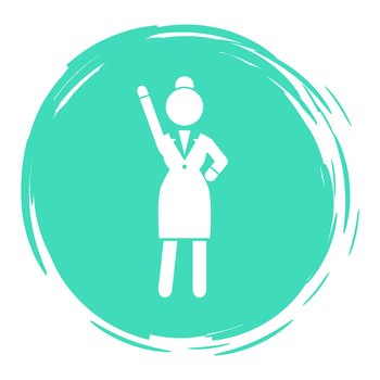 Flat vector silhouette of businesswoman with hand up. Confident woman. Vector sketchy simplified figure of woman. Business website infographics. Female in strict white suit. Rounded edges shape. Vector silhouette of businesswoman with raised hand. Business Infographic. Female figure shape