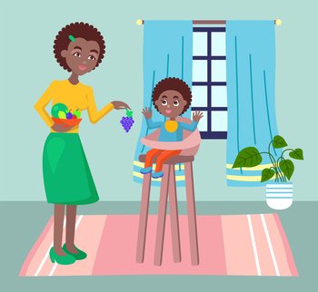Mother feeding her baby child sitting on kids eating chair in kitchen. Black woman holding fruit gives baby. Flat style vector woman care for a child. Female character is at home on maternity leave. Mother feeding her baby child sitting on kids eating chair. Black woman holding fruit gives the baby