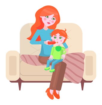 Mother feeding her baby with bottle. Mom gives the son to drink flat vector illustration. A woman sitting on a armchair with the baby in her arms. Girl holds a bottle of milk for a small child. Mother is feeding her baby with bottle. Mom gives the son to drink flat vector illustration