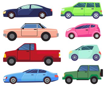 Automobile transportation in city vector, isolated set of machines in town. Old and modern models of vehicle with wheels, truck and pickup, hot rod or jeep illustration in flat style design for web. Modern and Old Cars Set, Automobiles Vehicles