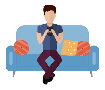 Young man is sitting on the couch. Handsome guy is chatting with a smartphone in his hands. Male character is resting and spending time at home. Person working with a phone vector illustration. Young man is sitting on the couch. Handsome guy is chatting with a smartphone in his hands