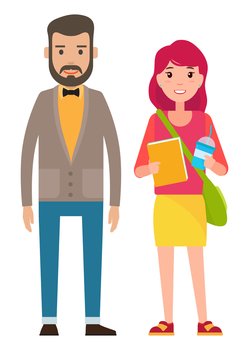Man with beard and bow tie and cute young girl. Man standing near woman holding book and glass with a drink. Family characters father and daughter. Adult man and smiling girl student. Married couple. Man with beard and cute young girl. Man standing near woman holding book and glass with a drink