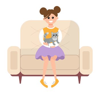 Girl is sitting on the couch and petting the cat. Young female character with a kitten in her arms. Person plays with a pet in an apartment vector illustration. Character in chair on white background. Girl is sitting on the couch and petting the cat. Young female character with a kitten in her arms
