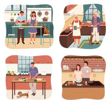 Collection of people cooking in kitchen. Isolated set of characters at home making dishes. Old lady and adult helping to cool soup. Bachelor with dog cutting vegetables. Father and kid, vector. Couples Cooking in Kitchen , Dishes Preparation