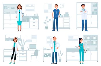 Set of illustrations on preparation of therapists for receiving patients. Doctors with phonendoscopes. Hospital worker spending time in medical institution. Therapist examines patients with equipment. Set of illustrations on preparation of therapists for receiving patient. Doctors with phonendoscopes