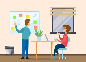 Businessman representing the plan at a meeting in the office. Business idea development, strategies generation of innovate. Man near presentation poster with idea bulb discussing with a woman. Businessman representing the plan at a meeting in the office. Business idea development concept