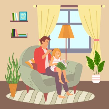 Concept of father and daughter relationships, parenthood. Dad sitting at armchair in living room and combing daughter s hair. Little girl sitting on knees and reading book. Friendship of girl and dad. Father and daughter relationships, dad combing daughter s hair, girl sitting on knees reading book