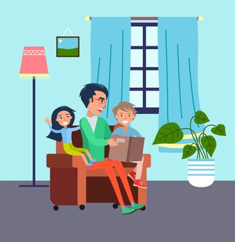 Dad with glasses sits in brown chair and reads book to his children. Little boy and girl have fun. Pink high floor lamp, sleep pattern on wall, large leaf green plant. Window with blue curtains. Dad spends time with his children, reads book, cozy living room interior. Stay home. Flat image