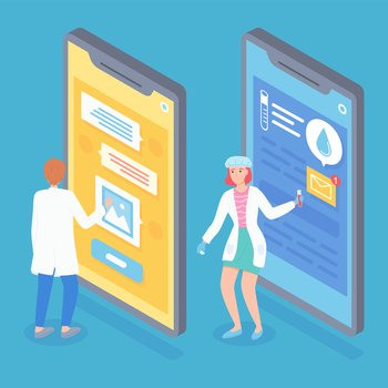 Doctors or laboratory assistants, isometric 3d illustration of smartphones with medical app, income message, chatting with patient in chat. Send results of chemical test. Woman hold flask with liquid. Doctors or laboratory assistants, isometric 3d illustration of smartphones with medical app