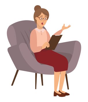 Adult woman is sitting on a chair. Psychotherapist with notepad in hand writes down and asks question. Female character is sitting on a soft chair isolated on white background vector illustration. Adult woman is sitting on chair. Psychotherapist with notepad in hand writes down and asks question