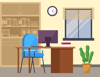 Modern workplace flat design. Office chair and office desk with stack of books in comfortable room interior. Furniture and equipment for workplace of an employee or office worker, workspace interior. Modern workplace flat design. Office chair and office desk with stack of books in comfortable room