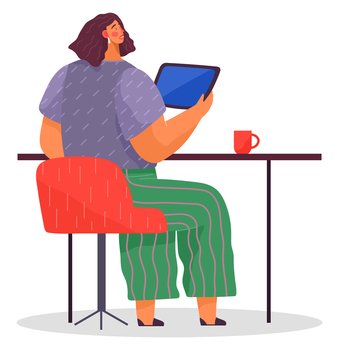 Workplace of woman with digital tablet, office worker sitting at table with modern device, businesswoman and technology, sit at desk at comfortable chair, employee, vector flat cartoon character. Workplace of woman with digital tablet, office worker sit at table with modern device, businesswoman