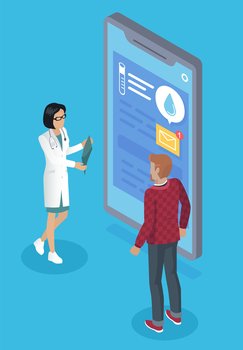 Isometric illustration of patient consultation with a doctor via the Internet. Online medical support. Internet therapist. Doctor woman advises patient man about medicines. Medical tubes and tests. Therapist examines and consults patient via smartphone, online medicine service conception