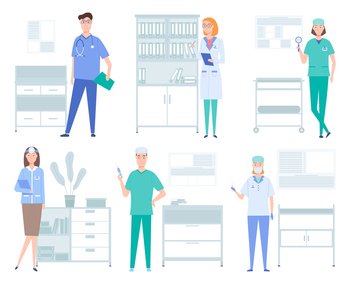 Set of illustrations about doctors work with equipment and instruments. Medical services concept. Patient health research and treatment. Provision of physician services in a medical institution. Set of illustrations about doctors work with equipment and instruments. Medical services concept