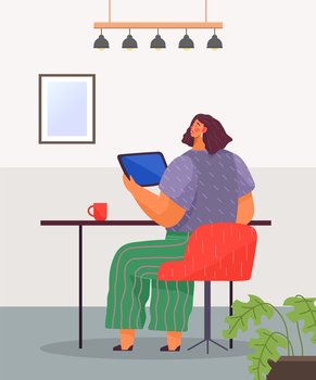 Office woman at a desk with a tablet pc. Business woman or a clerk working at her office table flat style illustration. Smiling girl manager office worker enterpreneur performs work on a computer. Office woman at a desk with a tablet pc. Business woman or a clerk working. Freelancer workplace