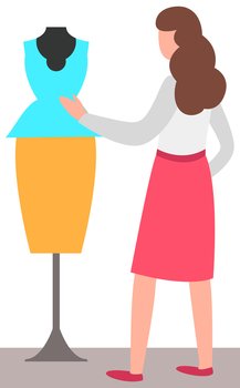 Woman looking on dress at dummy. Female buyer and mannequin with fashionable women s clothing. Professional shopping at marketplace vector illustration. Girl is choosing outfit on a mannequin. Woman looking on dress at dummy. Female buyer and mannequin with fashionable women s clothing