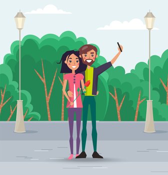 Couple walking outdoors in the city park. Cute happy smiling girl and guy are taking selfie. People smiling and hugging posing for a photo on the phone. Family romantic weekend in the open area. Couple walking outdoors in the city park. Cute happy smiling girl and guy are taking selfie
