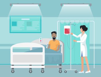 Patient making blood transfusion lying on bed in hospital. Nurse or medical assistant check pack with blood at rack. Therapy for young smiling man. Treatment in hospital. Medical healthcare concept. Patient making blood transfusion lying on bed in hospital, medical assistant check pack with blood