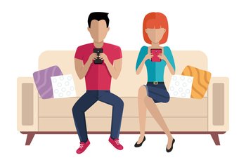 The couple is sitting on the couch. Girl and guy are chatting with a smartphone in their hands. Cartoon characters are resting and spending time together at home. People working with phones. The couple is sitting on the couch. Girl and guy are chatting with a smartphone in their hands