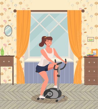 Woman doing cycling exercise. A girl with bike trainer doing sports at home near the window. Cardio workout. Exercising in the gym in the morning. Lifestyle and health. Equipment for physical activity. Woman doing cycling exercise. A girl with bike trainer doing sports at home near the window
