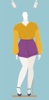 Vector design of a mannequin for women s clothes showcase. Female figure full length fashion clothing store equipment on blue background. Human body replica to show model clothes. Dress shop. Vector design of a mannequin for women s clothes. Female figure fashion clothing store equipment